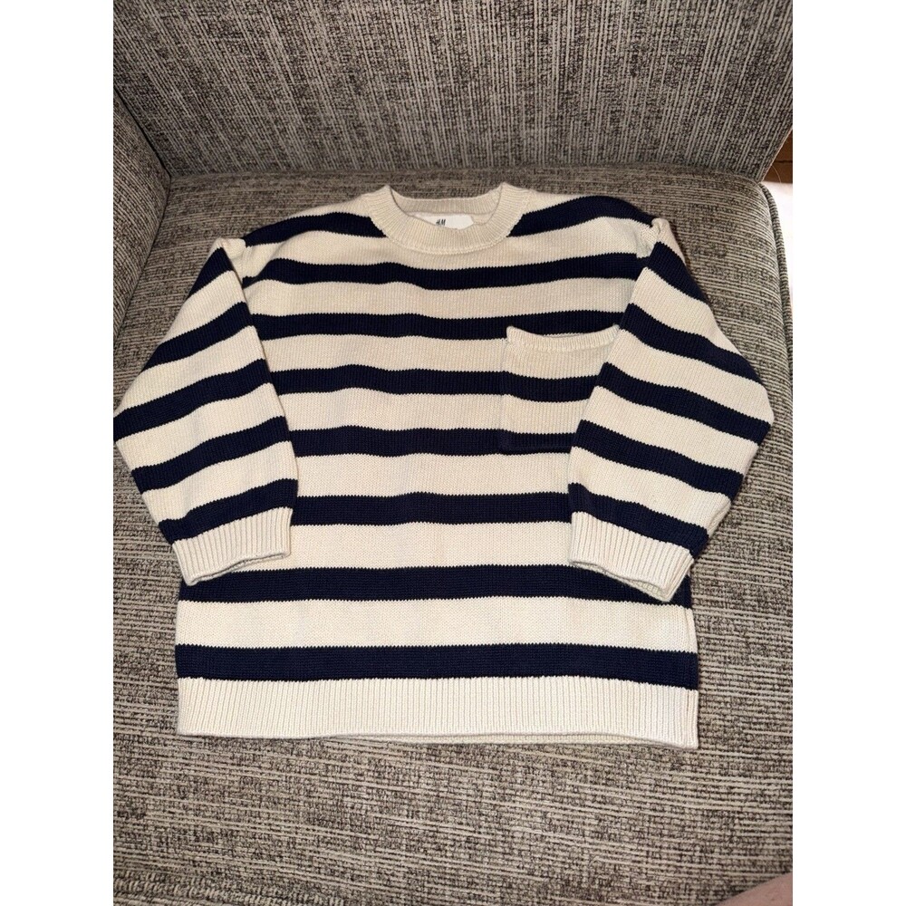 H&M Boys Size 3-4T Blue Striped Knit Cotton Pullover Sweater Pocket